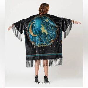 Unique Vintage Plus Size Black Art Noveau Fringe Kimono OSFM PLUS
